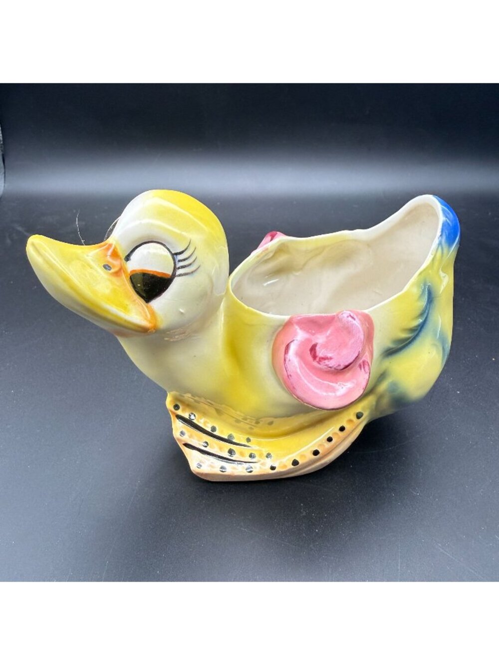 Vintage Duck Planter Ceramic Pottery Big Side Eyes Kitsch Nursery Decor Yellow
